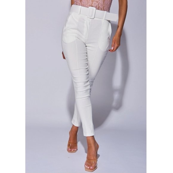 White High Waist Buckle Belt Tapered Cropped Straight Leg Ankle Pants - Picture 10 of 14
